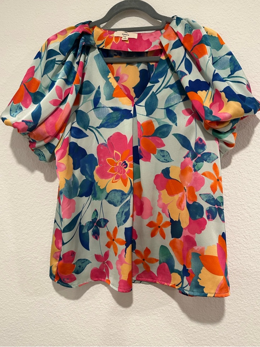 entro Floral Puff-Sleeve Blouse - Pink Orange Blue